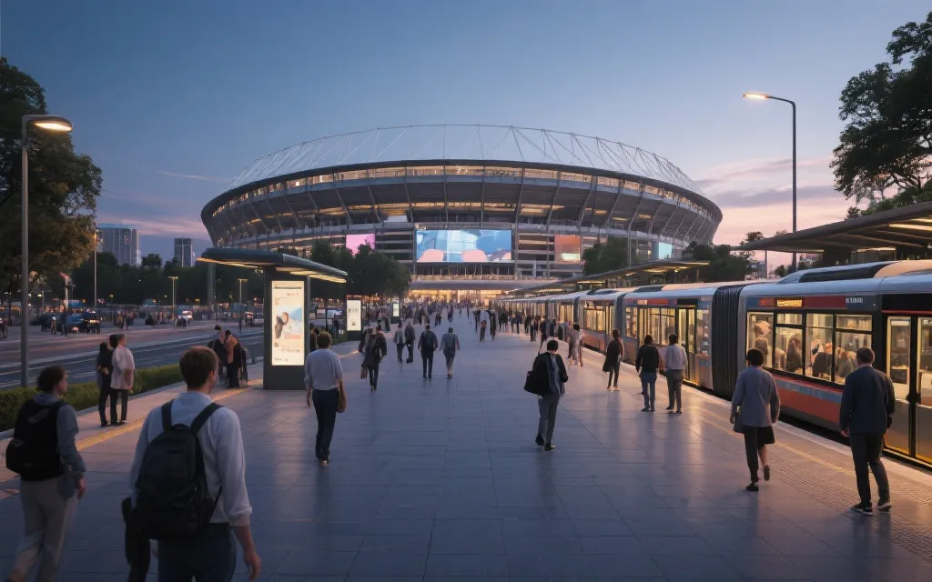 球迷通过公共交通与步行空间有序抵达球场的城市景象