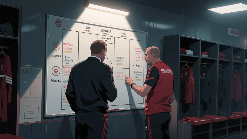 两队教练在战术板前讨论轮换与恢复策略的插画风画面